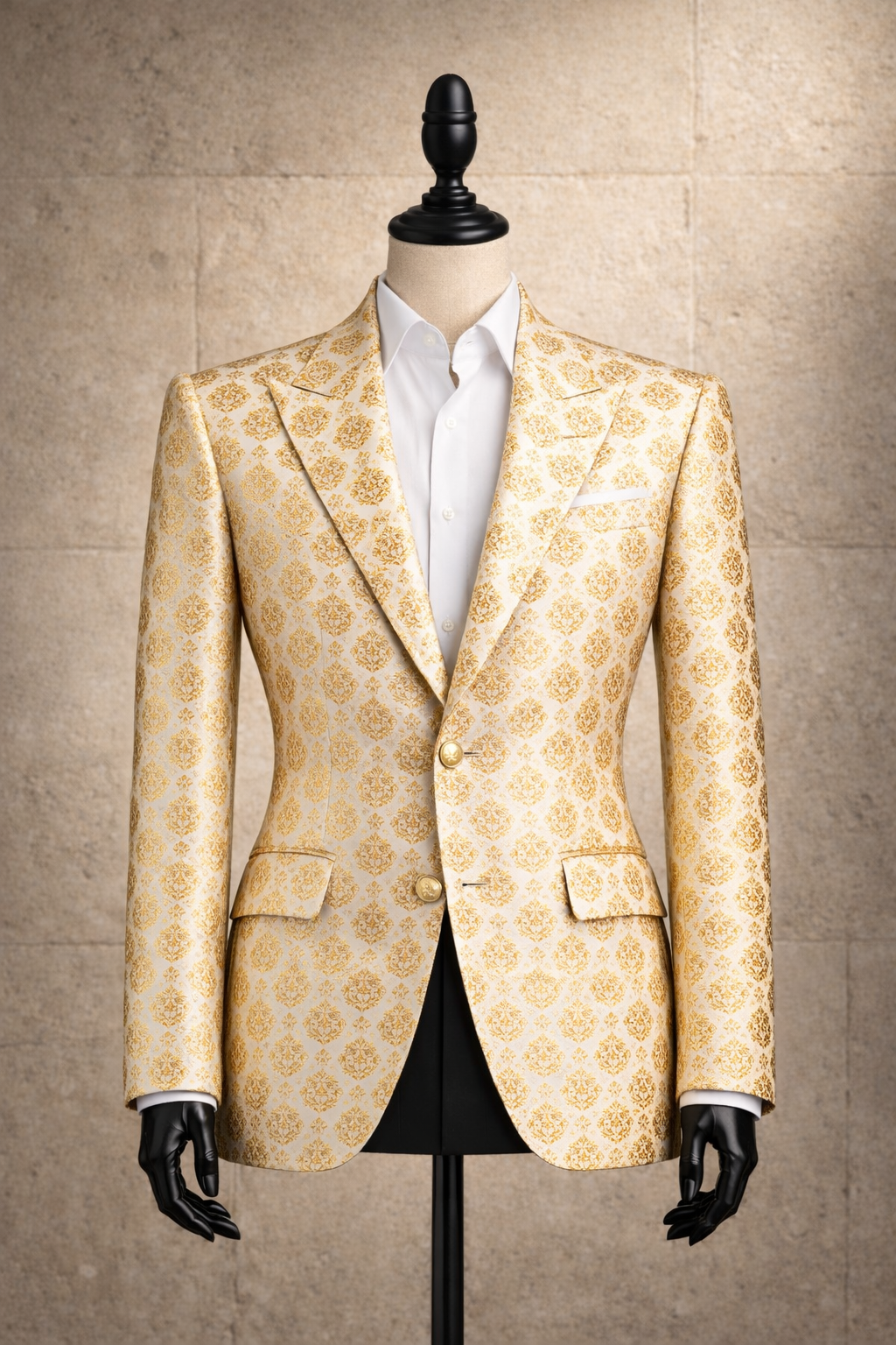 Gold damask patterned blazer with architectural tailoring