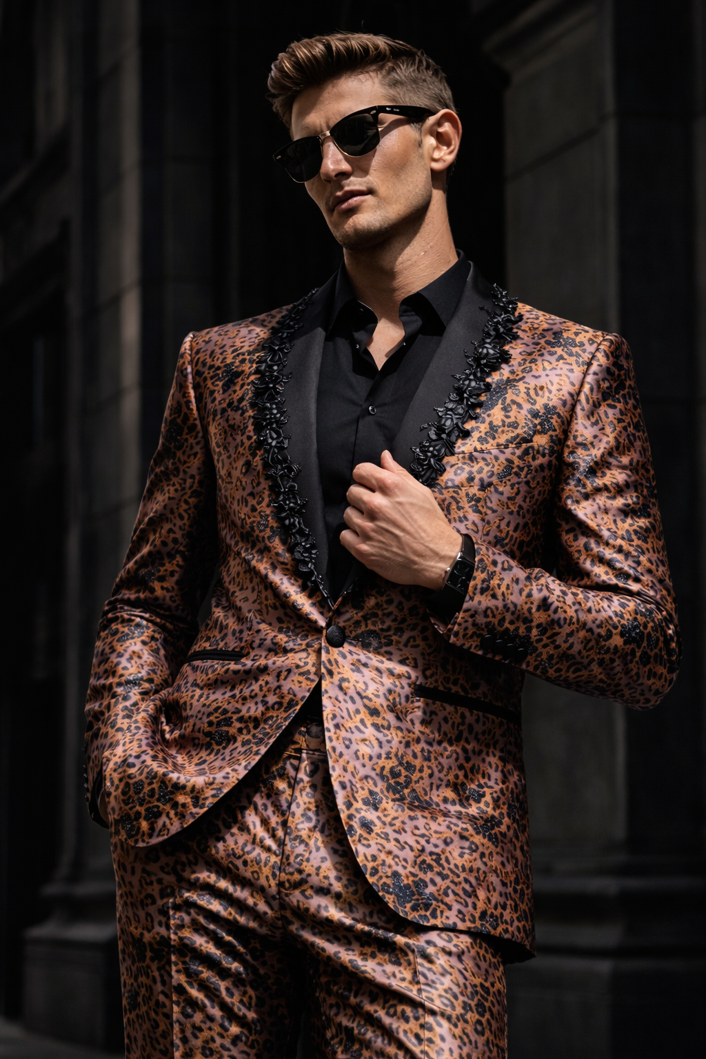 Leopard print tailored suit with embellished lapels