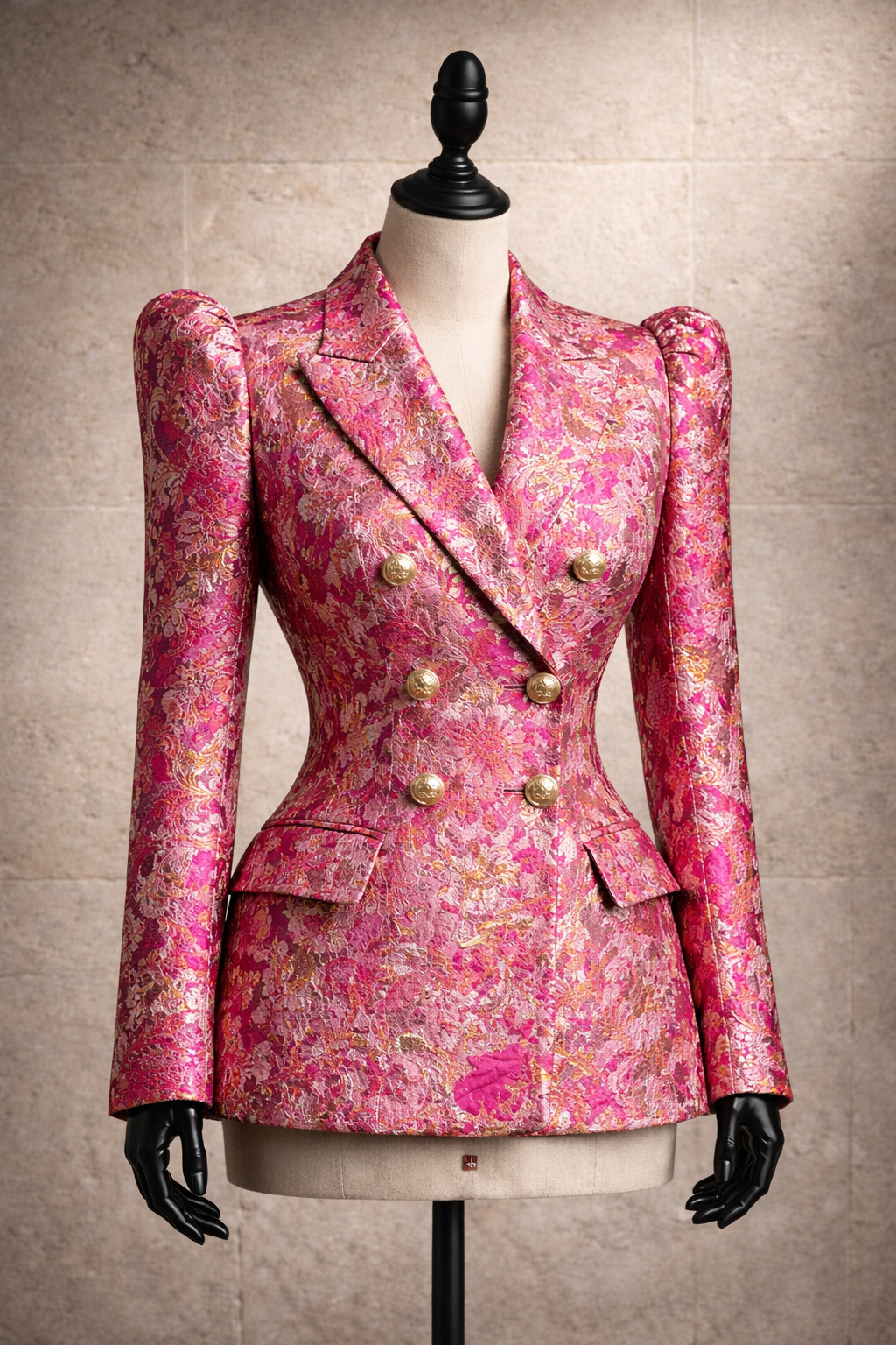 Fuchsia brocade structured blazer with architectural tailoring