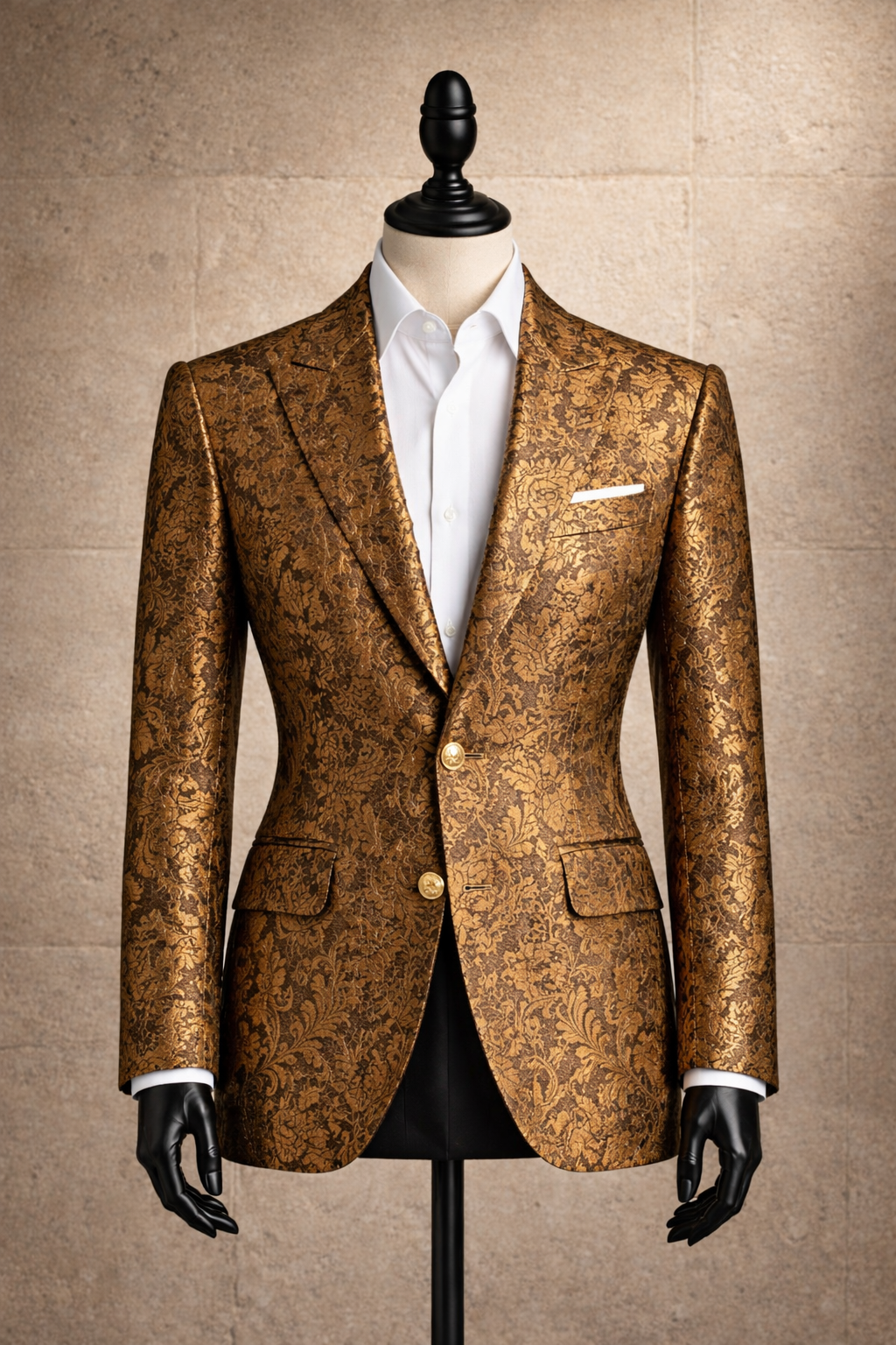 Bronze gold brocade tailored blazer on mannequin
